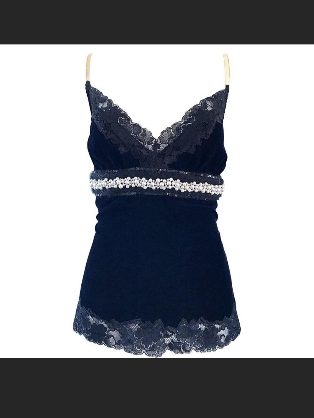 Dolce & Gabbana Navy Blue Lace Trim Velvet Camisole with Pearl Band
